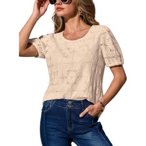 CUPSHE Blouses for Women 2026 Eyelet Hollow Out Crochet Embroidered Short Sleeve Crewneck Shirts Flower Lace Tops Dressy(Apricot)