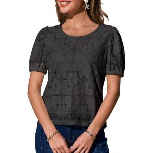 CUPSHE Blouses for Women 2026 Eyelet Hollow Out Crochet Embroidered Short Sleeve Crewneck Shirts Flower Lace Tops Dressy(Black)