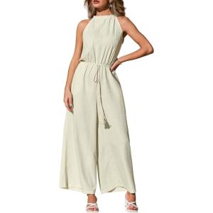 CUPSHE Jumpsuits for Women, Spring Summer Sleeveless Wide Leg Outfits with Pockets Casual for Vacations(Beige)