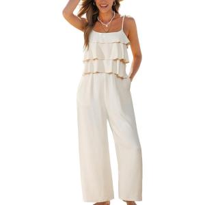 CUPSHE Jumpsuits for Women, Summer Square Neck Sleeveless Ruffle Cami Wide Leg Jumpsuit with Pockets for Vacation(Beige)