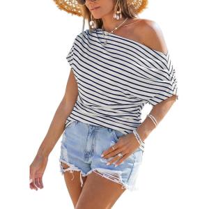 CUPSHE Off The Shoulder Tops for Women 2026 Going Out Short Sleeve Summer Striped Tops Boat Neck Loose T Shirt(Navy)