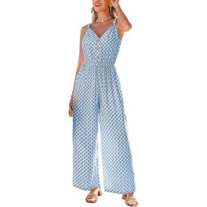 CUPSHE Summer Sleeveless Jumpsuits for Women Dressy Button Down Printed V Neck Wide Leg Jumpsuit with Pockets Vacation(Blue)