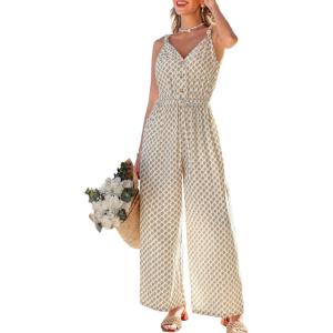 CUPSHE Summer Sleeveless Jumpsuits for Women Dressy Button Down Printed V Neck Wide Leg Jumpsuit with Pockets Vacation(Dark Beige)