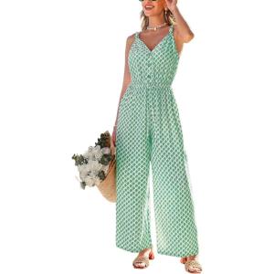 CUPSHE Summer Sleeveless Jumpsuits for Women Dressy Button Down Printed V Neck Wide Leg Jumpsuit with Pockets Vacation(Green)