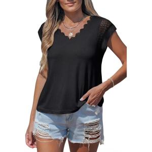 CUPSHE Summer V Neck Short Sleeves Eyelet Tops with Lace Casual T Shirt for Women 2026(Black)