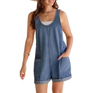 CUPSHE Women’s Denim Overalls Sleeveless Pockets Rolled Cuff Casual Summer Romper(Blue)