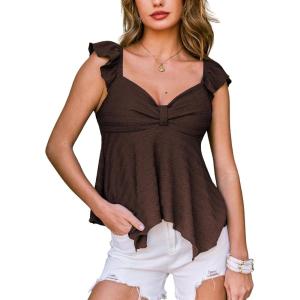 CUPSHE Women’s Going Out Tank Tops Summer Sweetheart Neck Cute Ruffle Sleeve Babydoll Peplum Top(Brown)