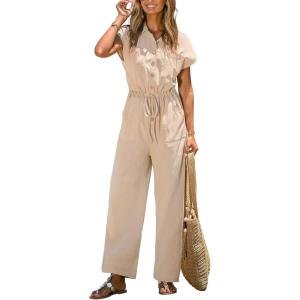 CUPSHE Women’s Jumpsuits, Summer Short Sleeves Wide Leg Jumpsuit with Pockets Outfit Casual for Vacations(Beige)