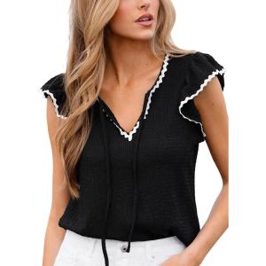 CUPSHE Women’s Ruffle Sleeve Tops Contrast Trim Flutter Texture V Neck Summer Cute Casual T-Shirt(Black)
