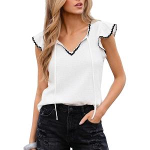CUPSHE Women’s Ruffle Sleeve Tops Contrast Trim Flutter Texture V Neck Summer Cute Casual T-Shirt(White)