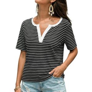 CUPSHE Women’s Striped Shirt Short Sleeve Color Block Tops Notched Neck Summer Tee(Black)