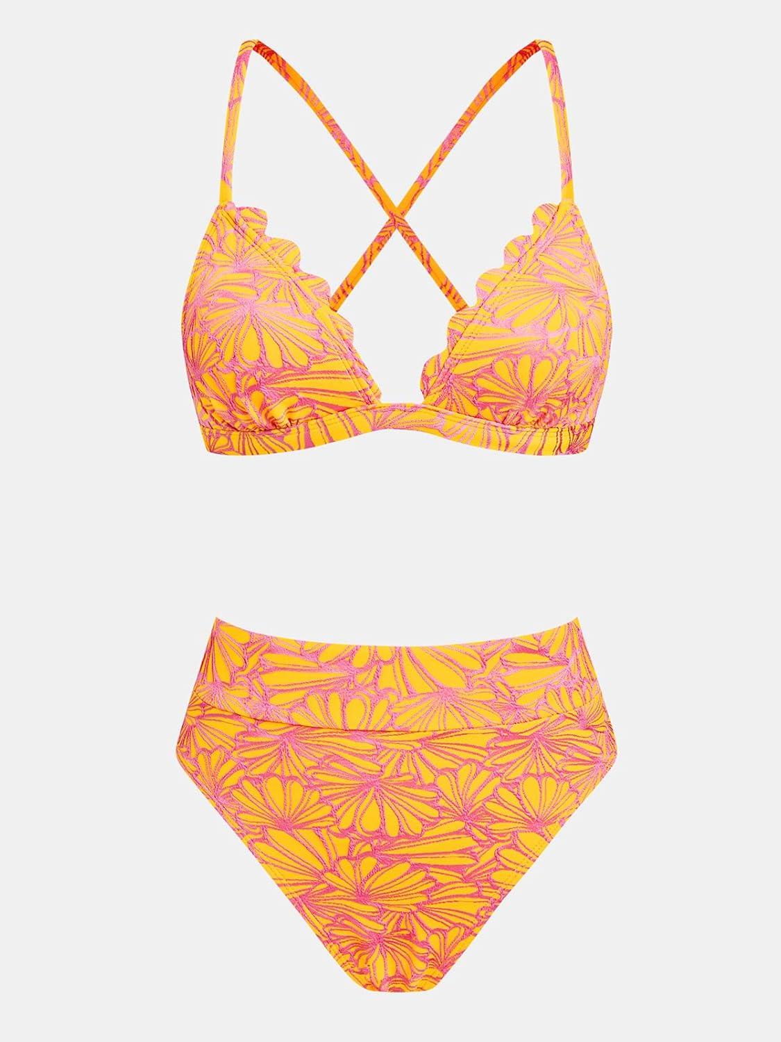 imageCUPSHE Bikini Set for Women Bathing Suit High Waisted Scalloped V Neck Two Pieces SwimsuitYellowPink