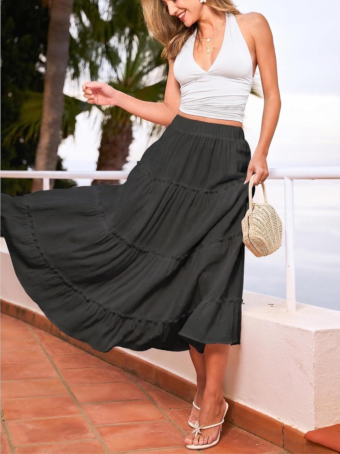 imageCUPSHE Maxi Skirts for Women 2026 Summer Floral Casual Pleated High Waisted Flowy Long Skirt Beach Vacation CruiseBlack