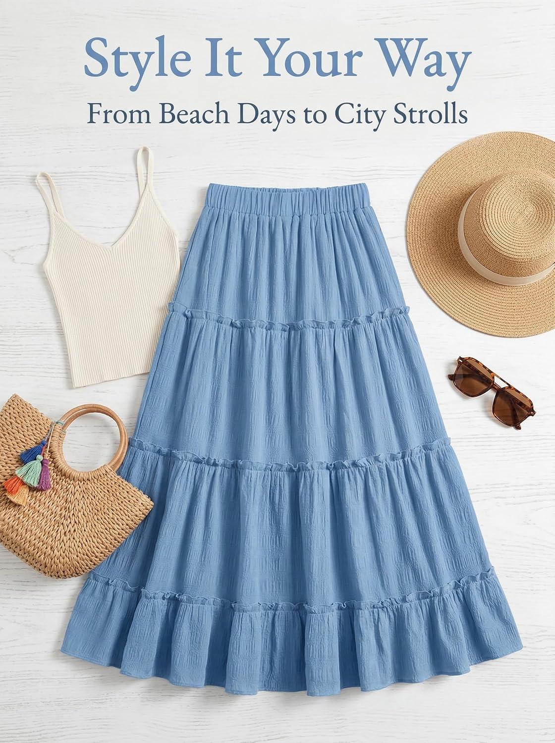 imageCUPSHE Maxi Skirts for Women 2026 Summer Floral Casual Pleated High Waisted Flowy Long Skirt Beach Vacation CruiseBlue