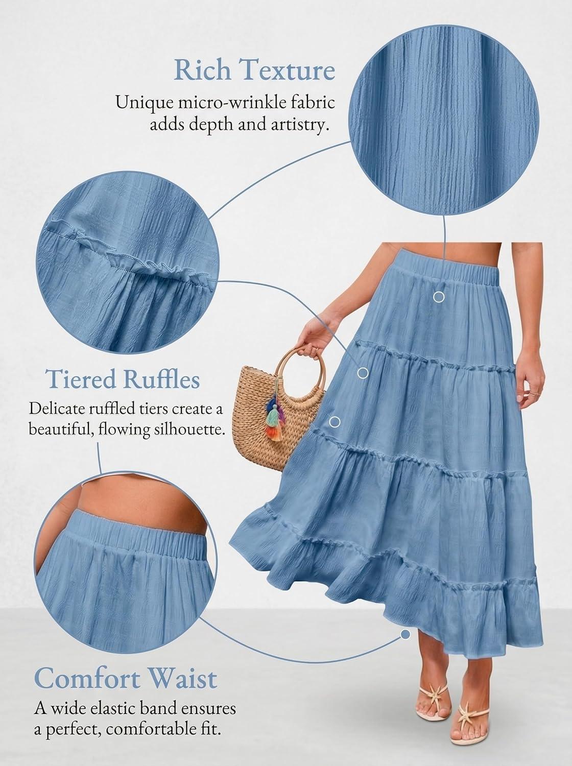 imageCUPSHE Maxi Skirts for Women 2026 Summer Floral Casual Pleated High Waisted Flowy Long Skirt Beach Vacation CruiseBlue