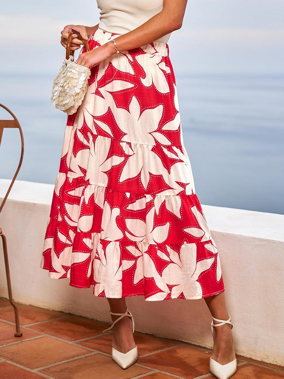 imageCUPSHE Maxi Skirts for Women 2026 Summer Floral Casual Pleated High Waisted Flowy Long Skirt Beach Vacation CruiseRed