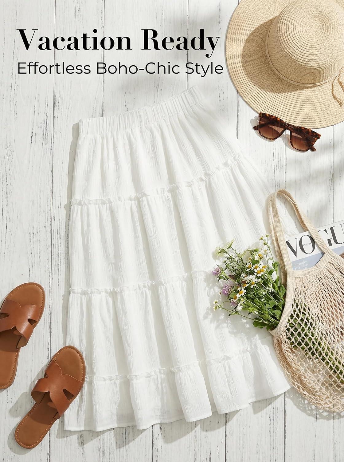 imageCUPSHE Maxi Skirts for Women 2026 Summer Floral Casual Pleated High Waisted Flowy Long Skirt Beach Vacation CruiseWhite