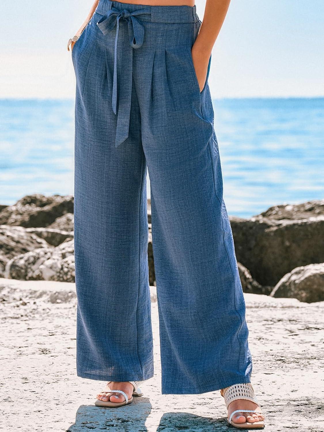 imageCUPSHE Palazzo Pants for Women with Pockets Casual Smocked Waist Wide Leg Pants Summer Loose Beach Vacation PantBlue