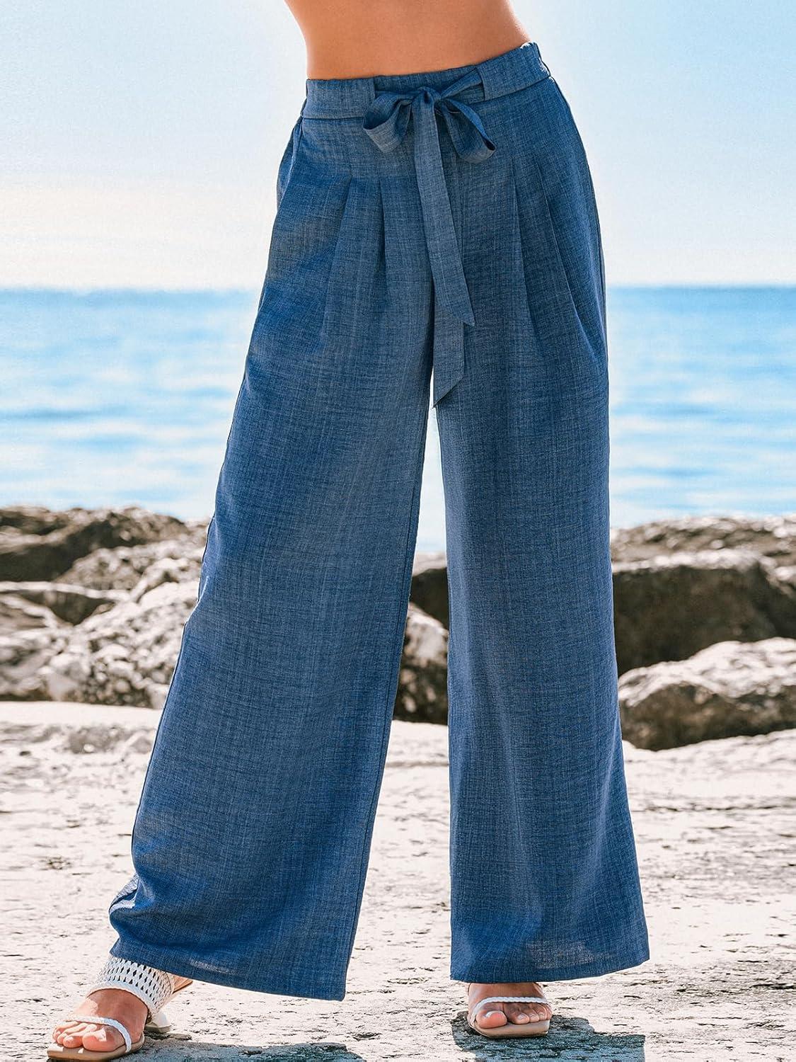 imageCUPSHE Palazzo Pants for Women with Pockets Casual Smocked Waist Wide Leg Pants Summer Loose Beach Vacation PantBlue