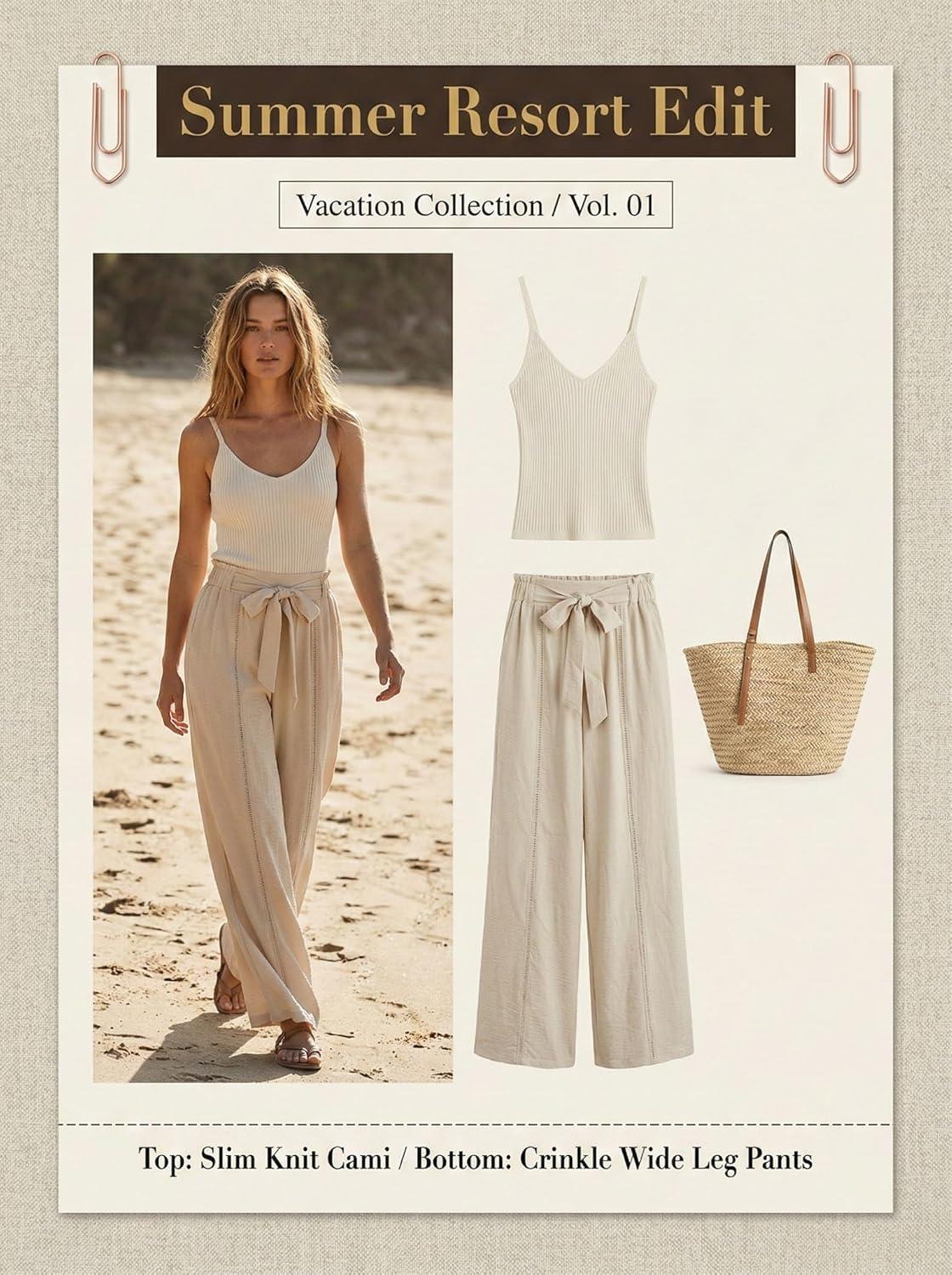 imageCUPSHE Palazzo Pants for Women with Pockets Casual Smocked Waist Wide Leg Pants Summer Loose Beach Vacation PantKhaki