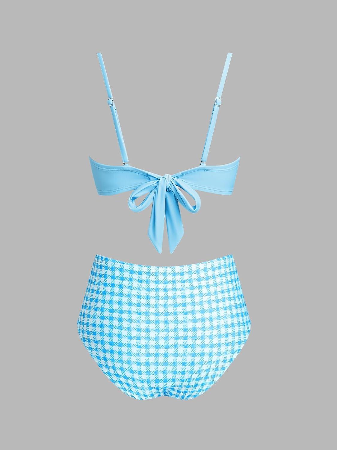 imageCUPSHE Two Piece Swimsuit for Women High Waisted Square Neck Removable Straps Ruching Bathing SuitsSky BlueGingham