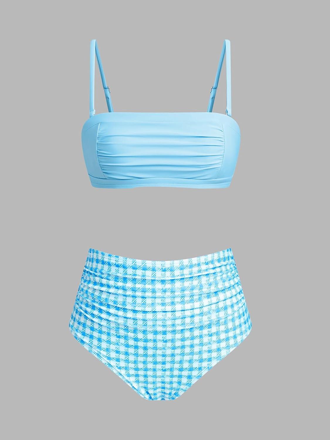 imageCUPSHE Two Piece Swimsuit for Women High Waisted Square Neck Removable Straps Ruching Bathing SuitsSky BlueGingham