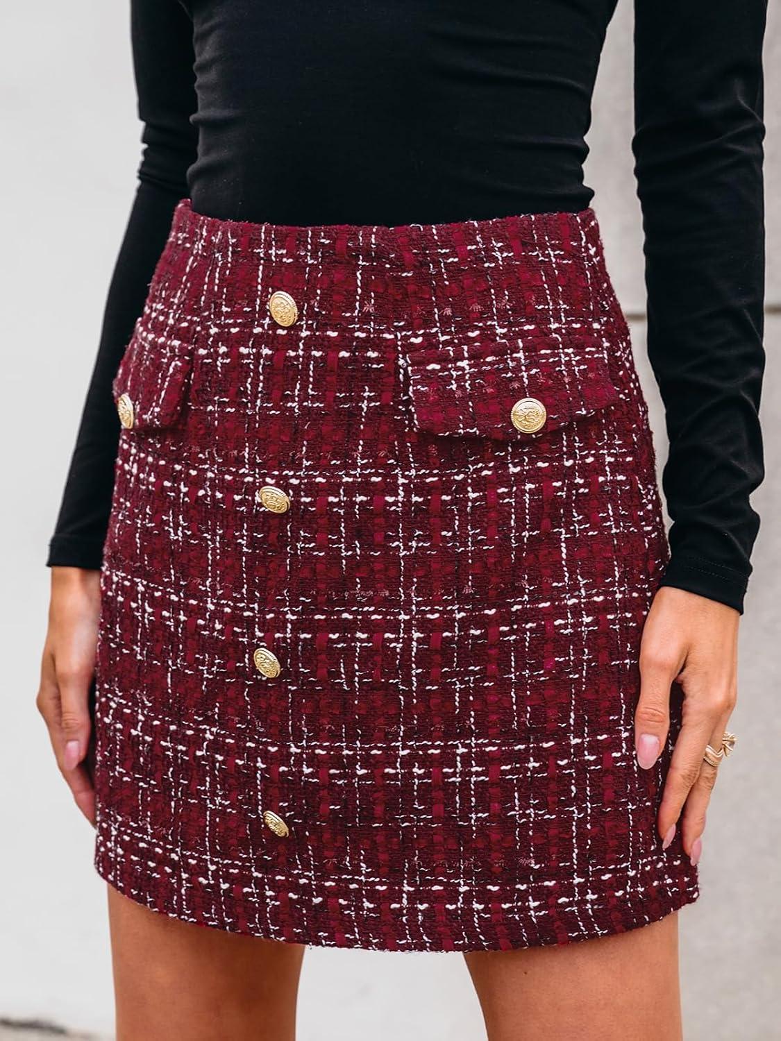 imageCUPSHE Women Mini Plaid Skirts Tweed High Waist Bodycon Pencil Hem Spring Summer Dressy Outfits ShortsRed