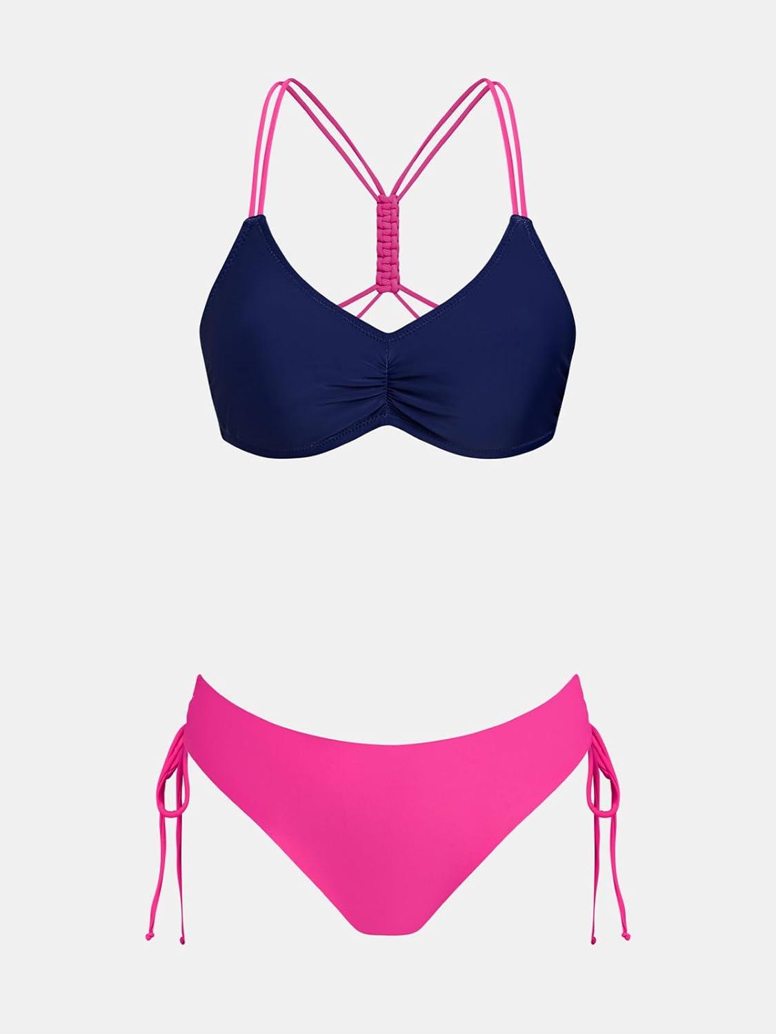 imageCUPSHE Womens 2 Piece Bikini Set Back Braided Straps with Reversible BottomDark PurpleMagenta