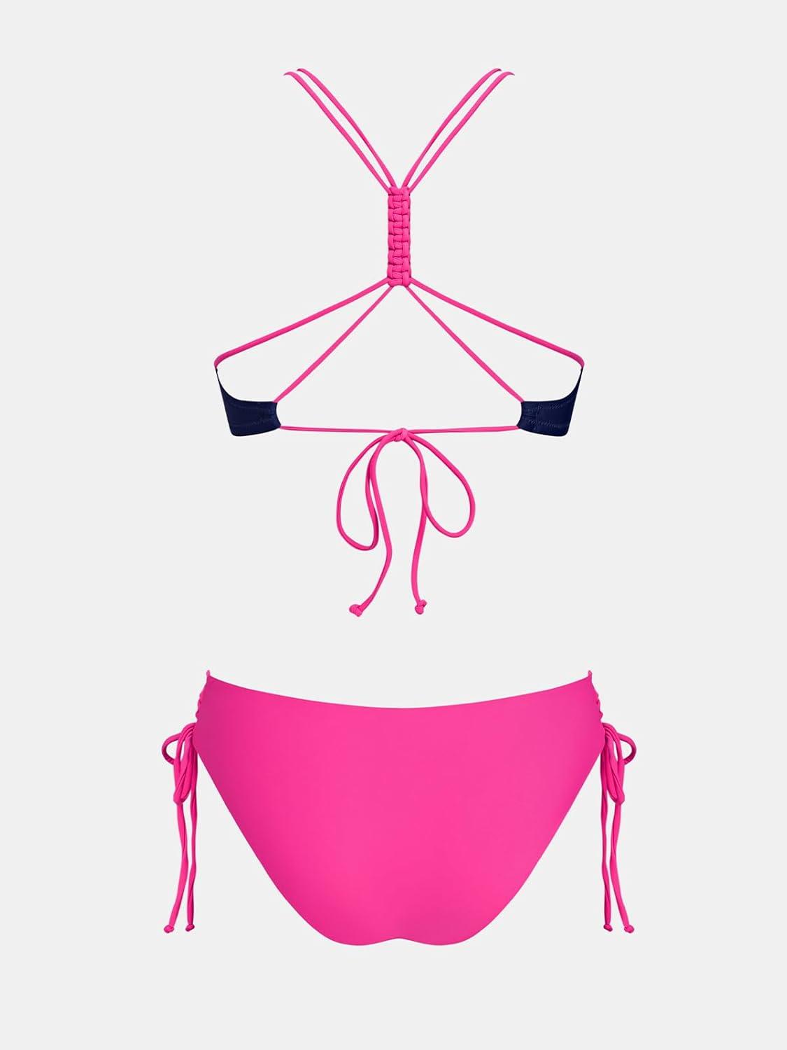 imageCUPSHE Womens 2 Piece Bikini Set Back Braided Straps with Reversible BottomDark PurpleMagenta