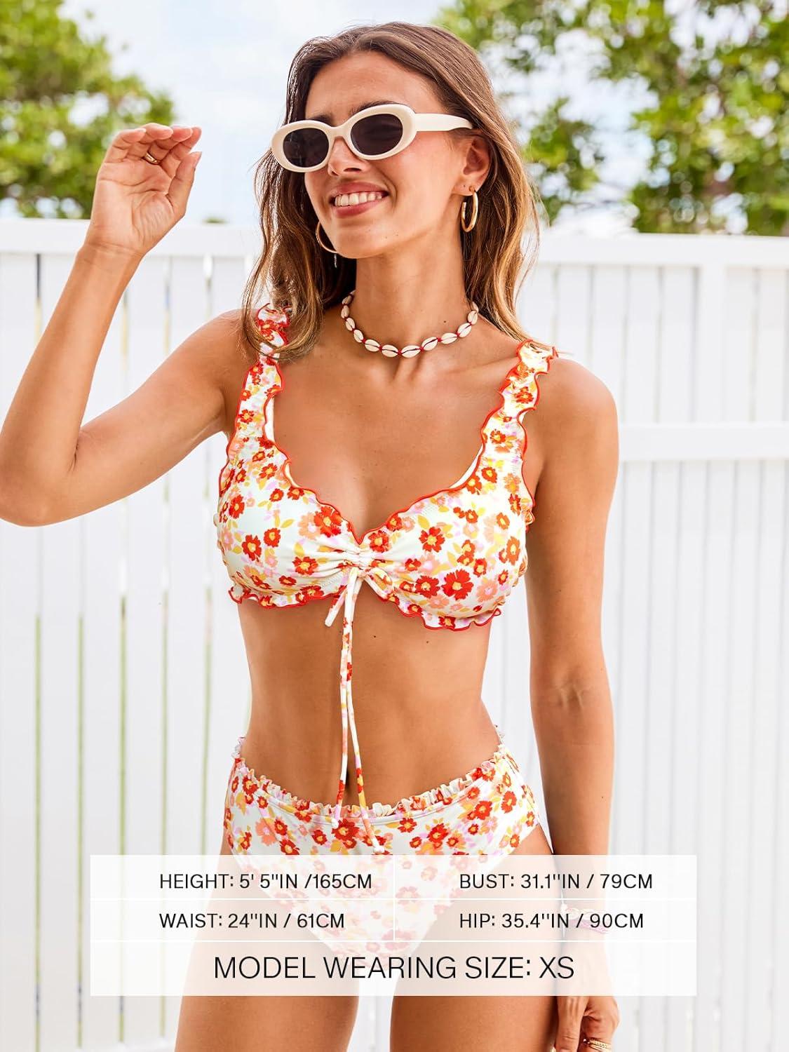imageCUPSHE Womens Bikini Set Cute Two Piece Swimsuit V Neck Ruffle Trim Bathing Suit Front Drawstring Back HookBurnt OrangeFloral