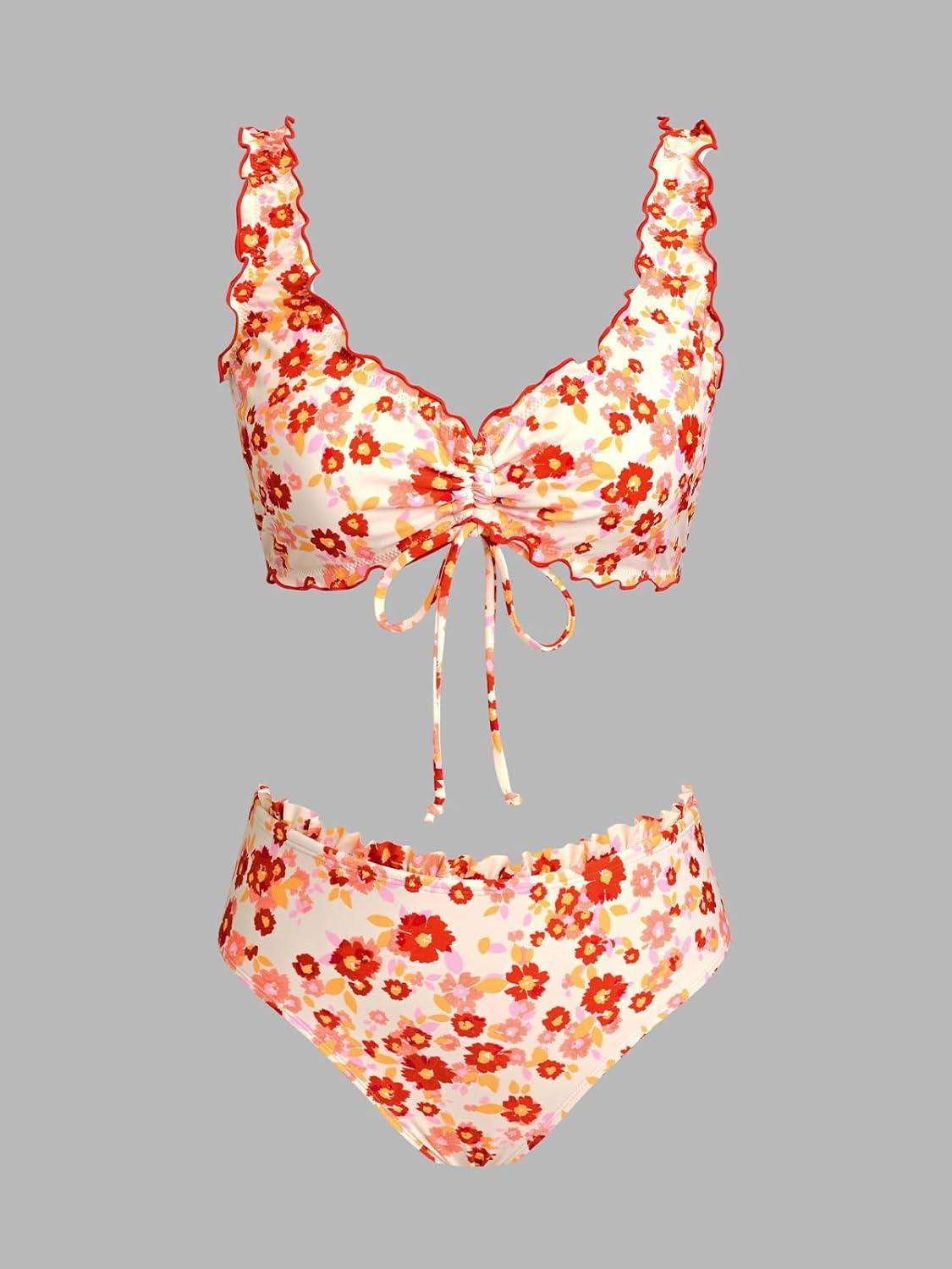 imageCUPSHE Womens Bikini Set Cute Two Piece Swimsuit V Neck Ruffle Trim Bathing Suit Front Drawstring Back HookBurnt OrangeFloral