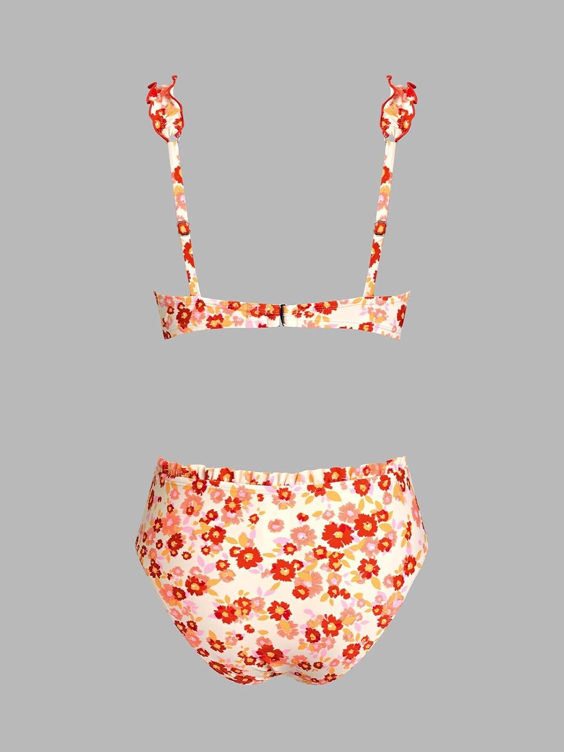 imageCUPSHE Womens Bikini Set Cute Two Piece Swimsuit V Neck Ruffle Trim Bathing Suit Front Drawstring Back HookBurnt OrangeFloral