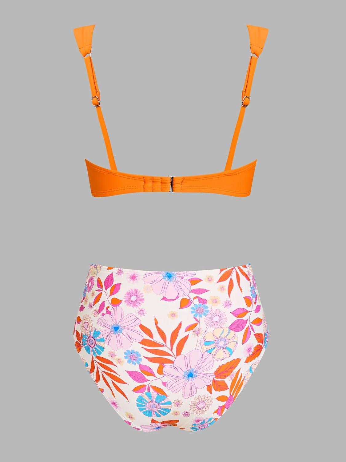 imageCUPSHE Womens Bikini Set High Waisted Tummy Control Two Piece Swimsuit V Wire Bathing Suit Back Hook RuchedBright OrangeFloral