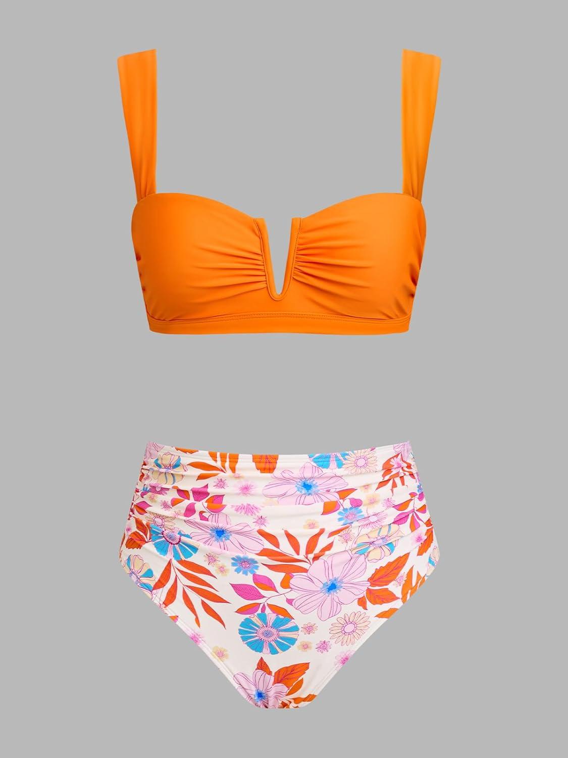 imageCUPSHE Womens Bikini Set High Waisted Tummy Control Two Piece Swimsuit V Wire Bathing Suit Back Hook RuchedBright OrangeFloral