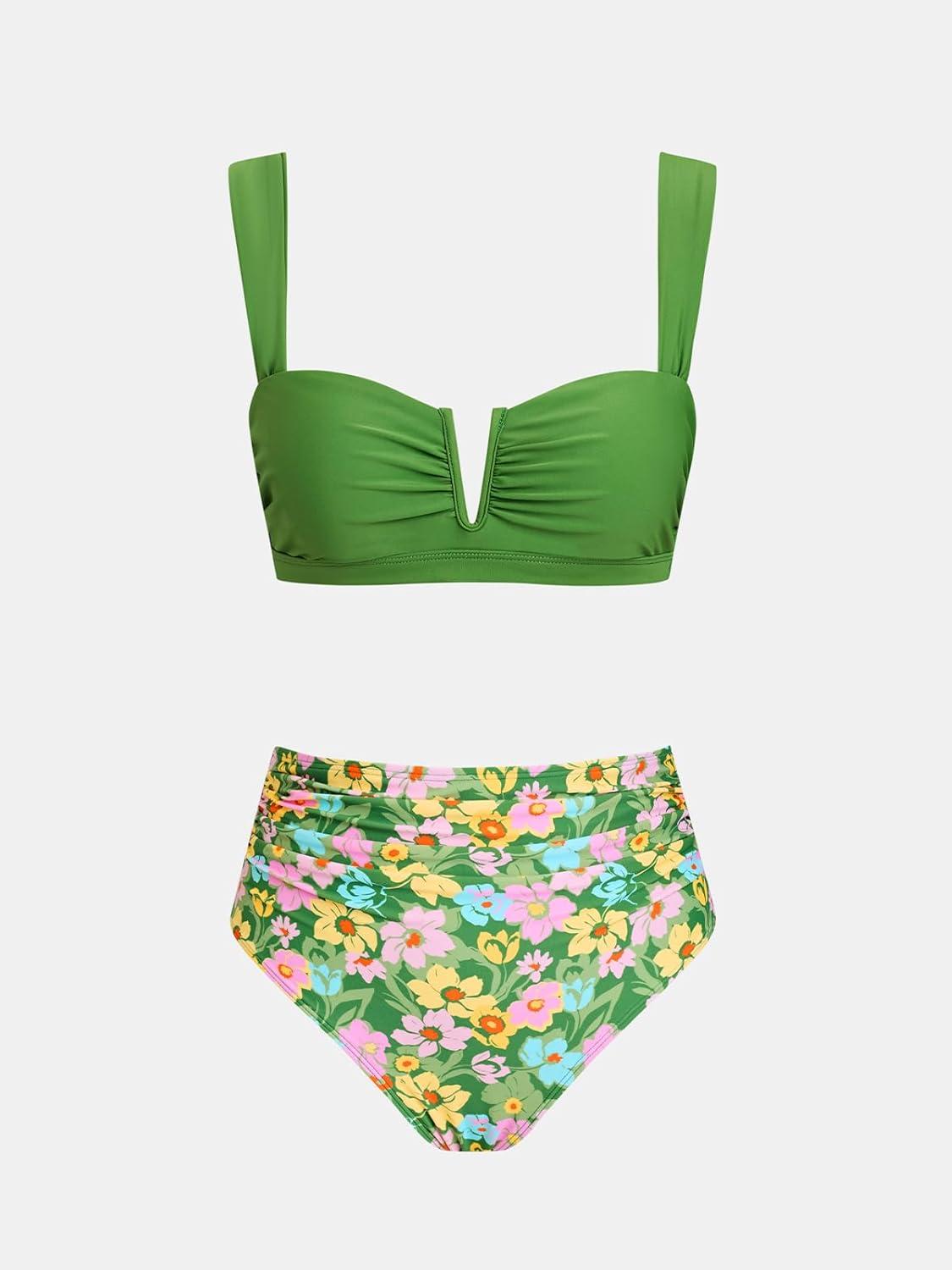 imageCUPSHE Womens Bikini Set High Waisted Tummy Control Two Piece Swimsuit V Wire Bathing Suit Back Hook RuchedDark GreenFloral