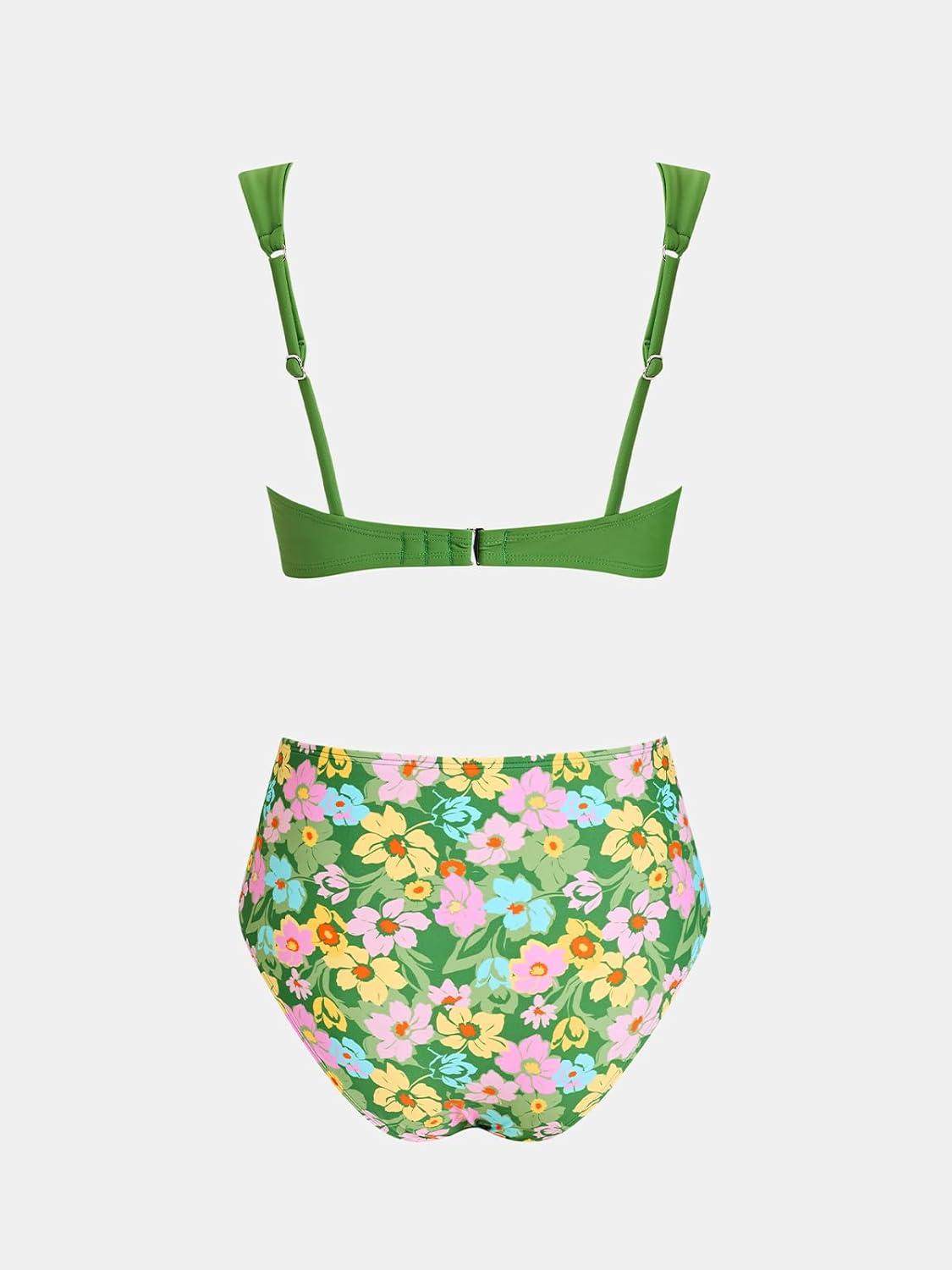 imageCUPSHE Womens Bikini Set High Waisted Tummy Control Two Piece Swimsuit V Wire Bathing Suit Back Hook RuchedDark GreenFloral