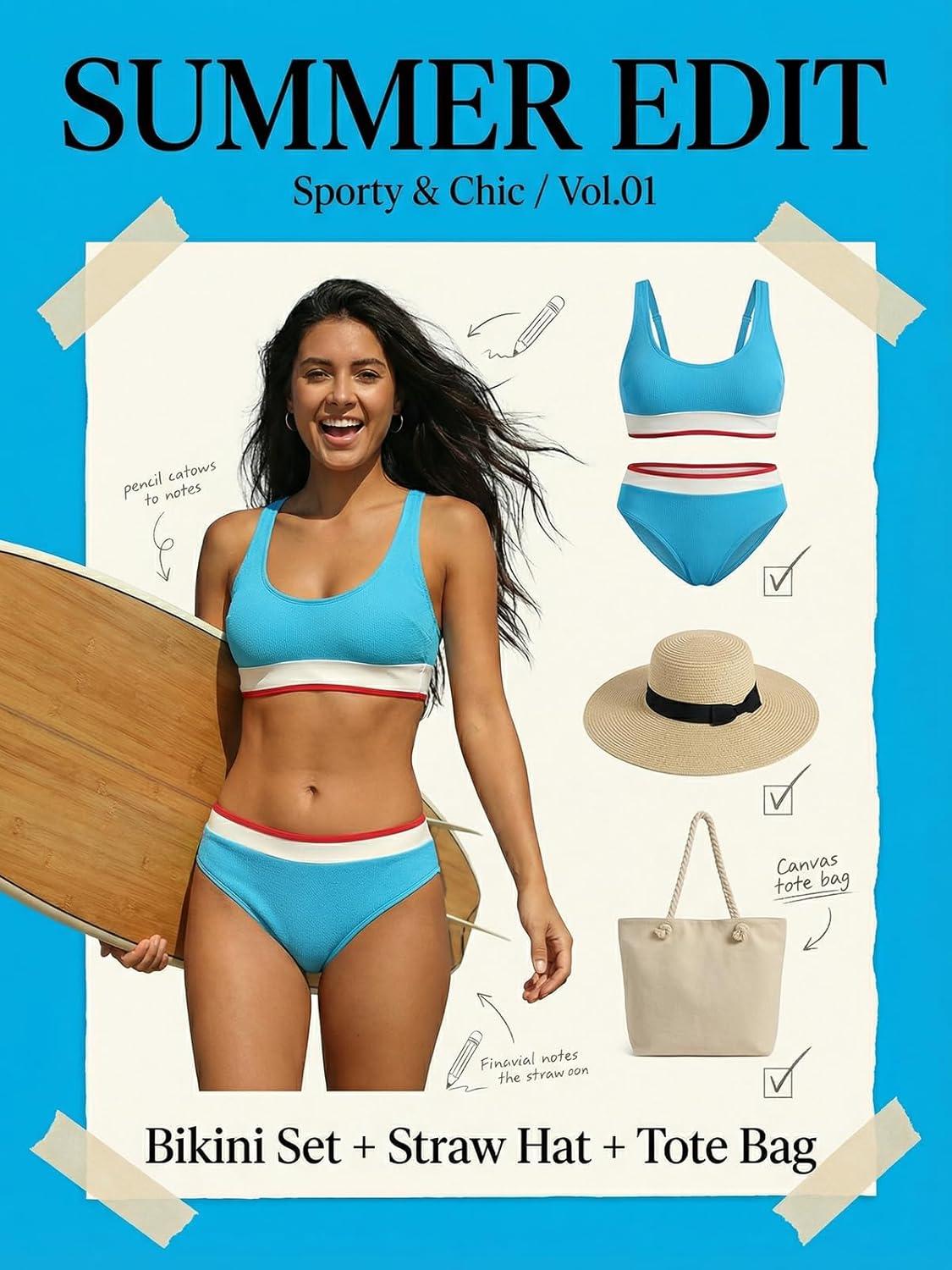 imageCUPSHE Womens Bikini Set Sporty Two Piece Swimsuit Scoop Neck Color Block Bathing Suit Back Self Tie TexturedSky BlueWhite
