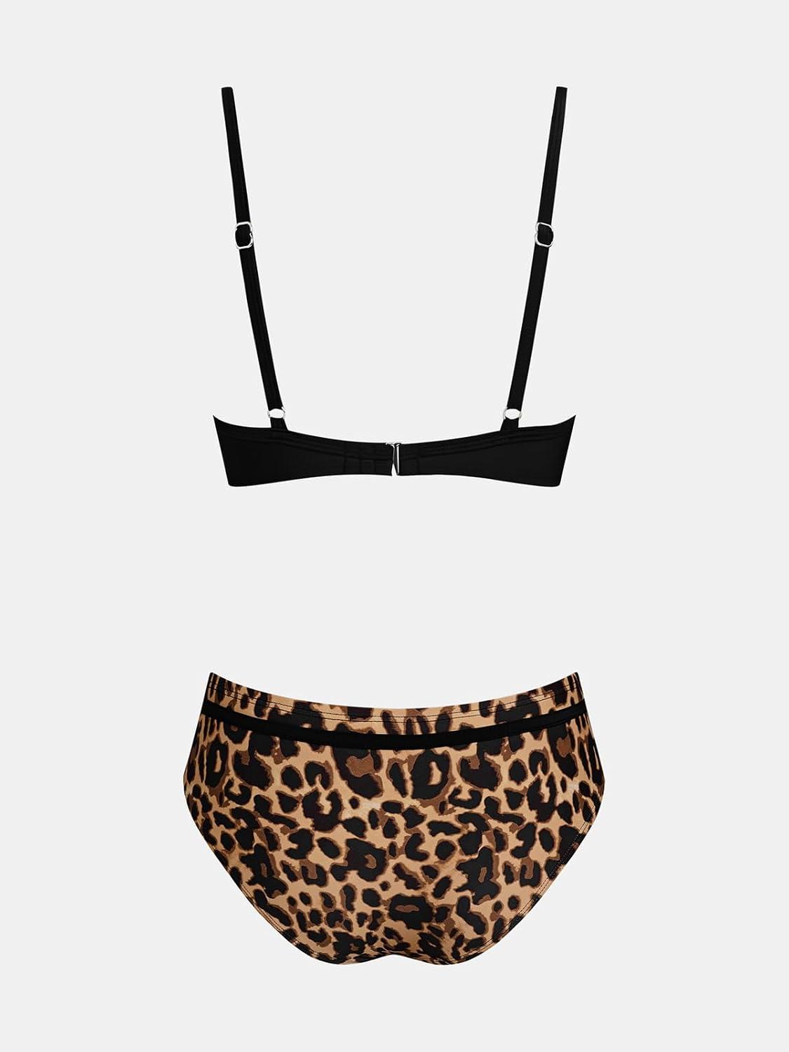 imageCUPSHE Womens Bikini Set Sweetheart V Neck Two Piece Bathing Suits Wrap Front Cutouts Hook Swimwear Molded CupBlackLeopard