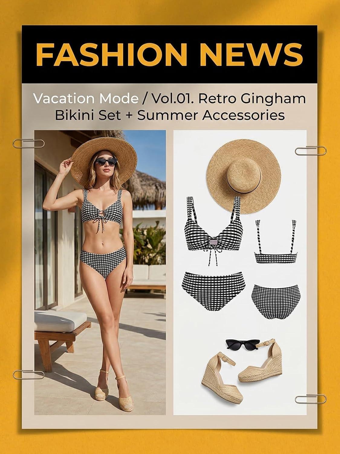 imageCUPSHE Womens Bikini Set Two Piece Swimsuit Front O Ring Drawstring Self Tie Bathing Suit Adjustable StrapsBlackGeo