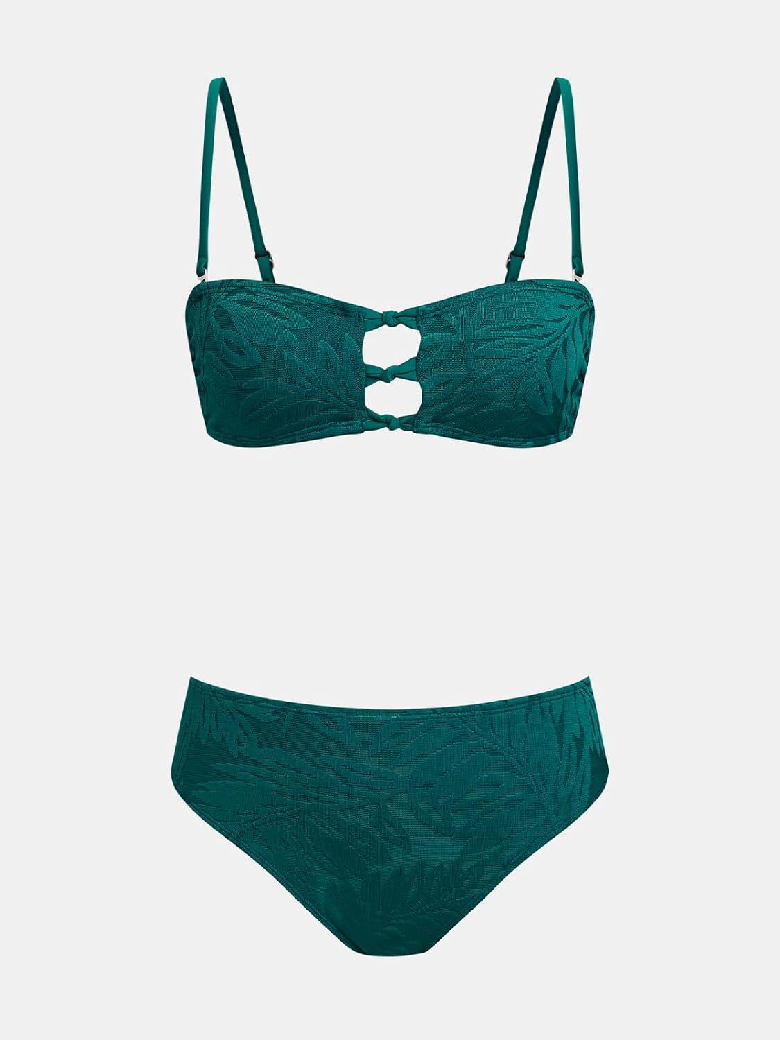 imageCUPSHE Womens Bikini Sets Bandeau Strapless Two Piece Swimsuits Adjustable Self Tie Mid Rise Swimwear JacquardDeep Teal
