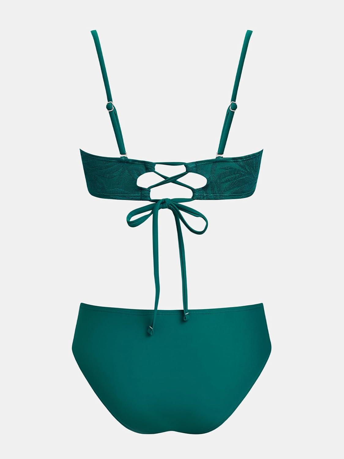 imageCUPSHE Womens Bikini Sets Bandeau Strapless Two Piece Swimsuits Adjustable Self Tie Mid Rise Swimwear JacquardDeep Teal