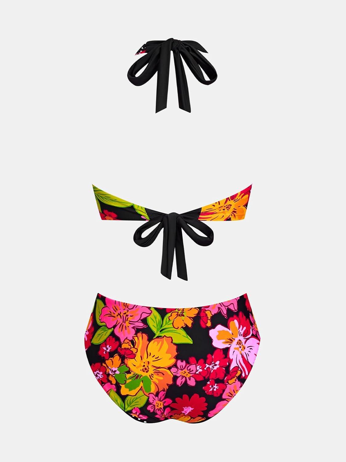 imageCUPSHE Womens Bikini Sets Halter V Neck Reversible Self Tied Bathing Suit Double Side Multi Ways WearingBlack PolkadotFloral