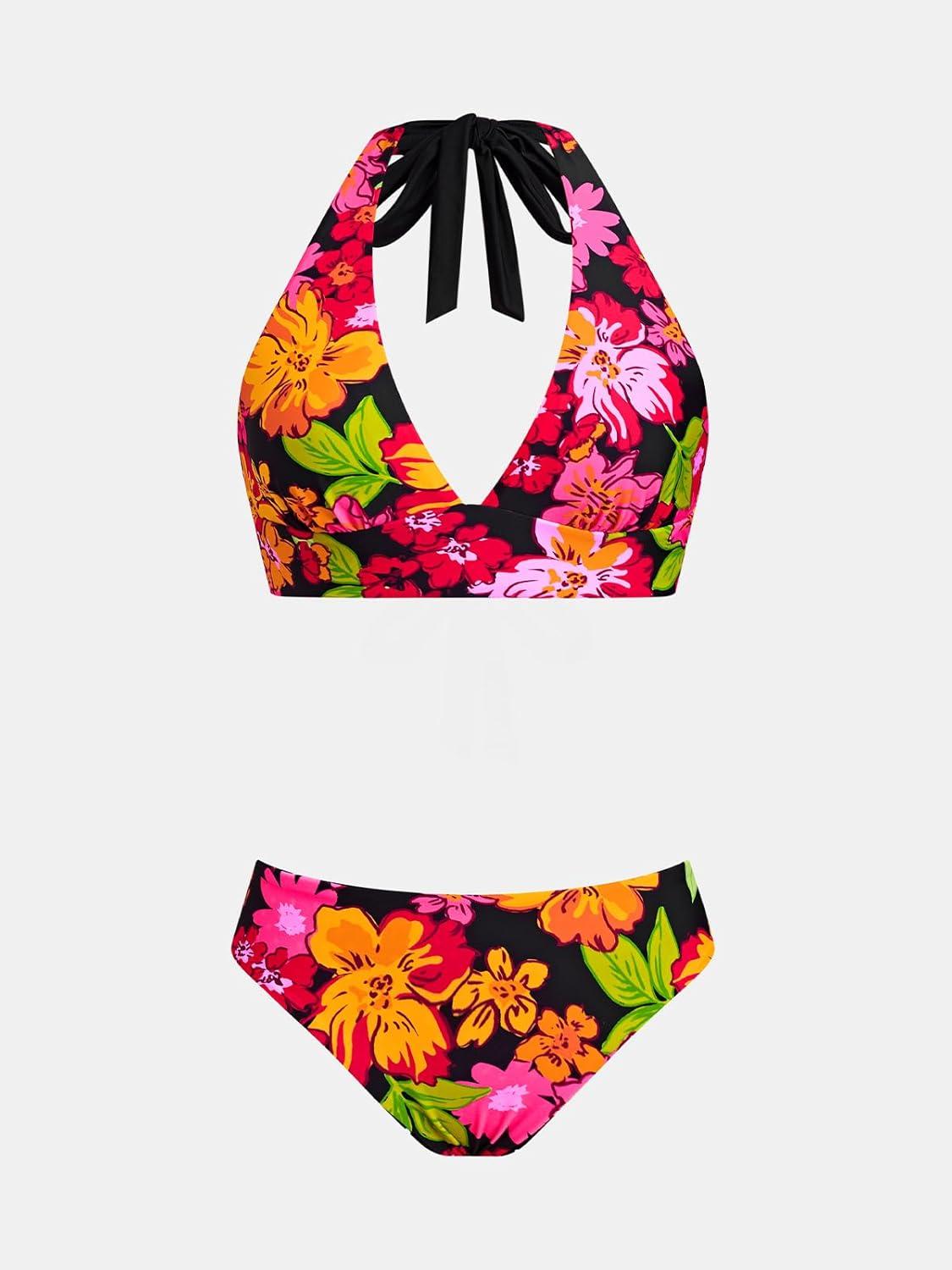 imageCUPSHE Womens Bikini Sets Halter V Neck Reversible Self Tied Bathing Suit Double Side Multi Ways WearingBlack PolkadotFloral