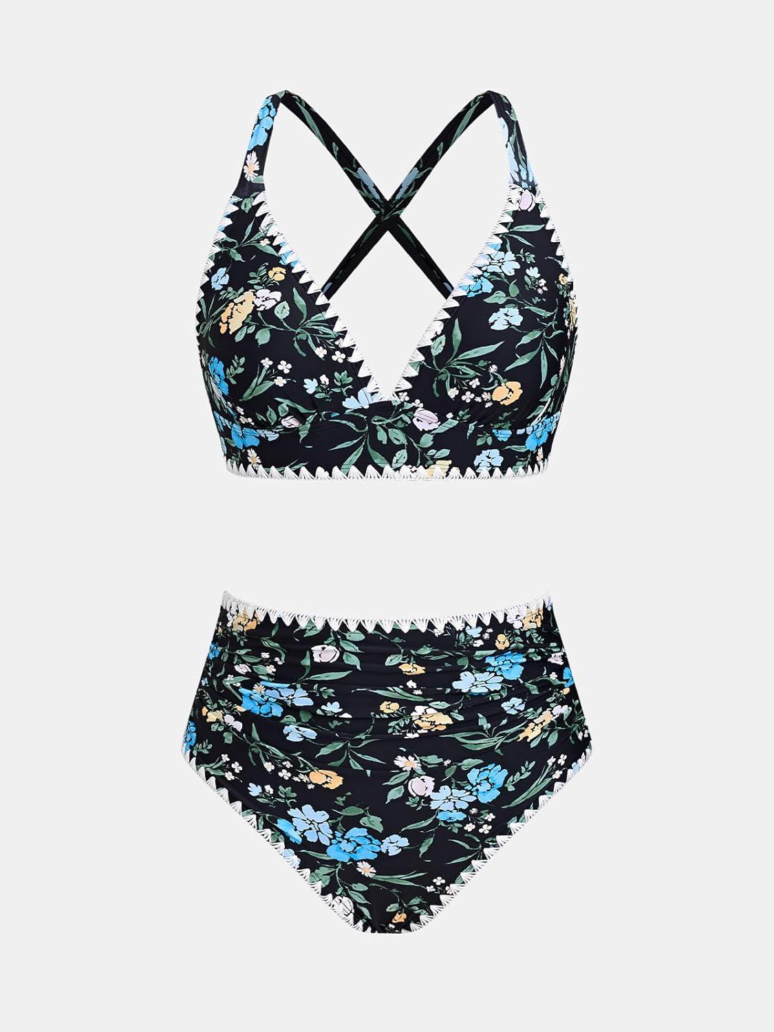 imageCUPSHE Womens Bikini Sets High Waisted Swimsuit Deep V Neck Crisscross Back Tie Stitching Ruched Full CoverageBlackFloral