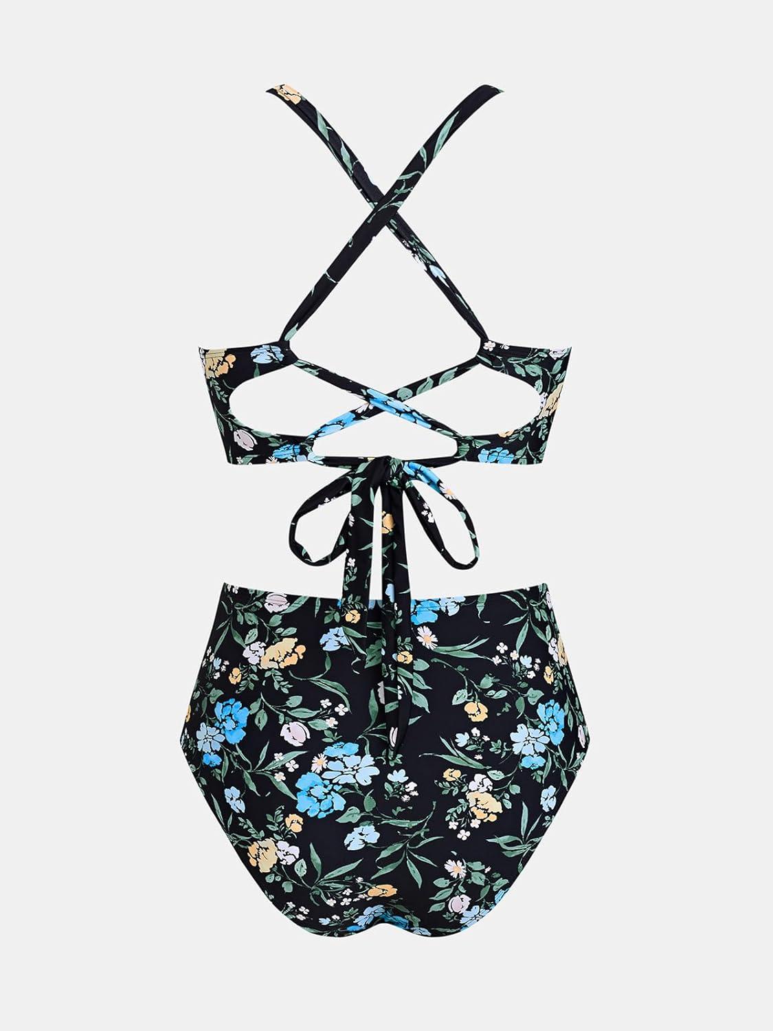 imageCUPSHE Womens Bikini Sets High Waisted Swimsuit Deep V Neck Crisscross Back Tie Stitching Ruched Full CoverageBlackFloral