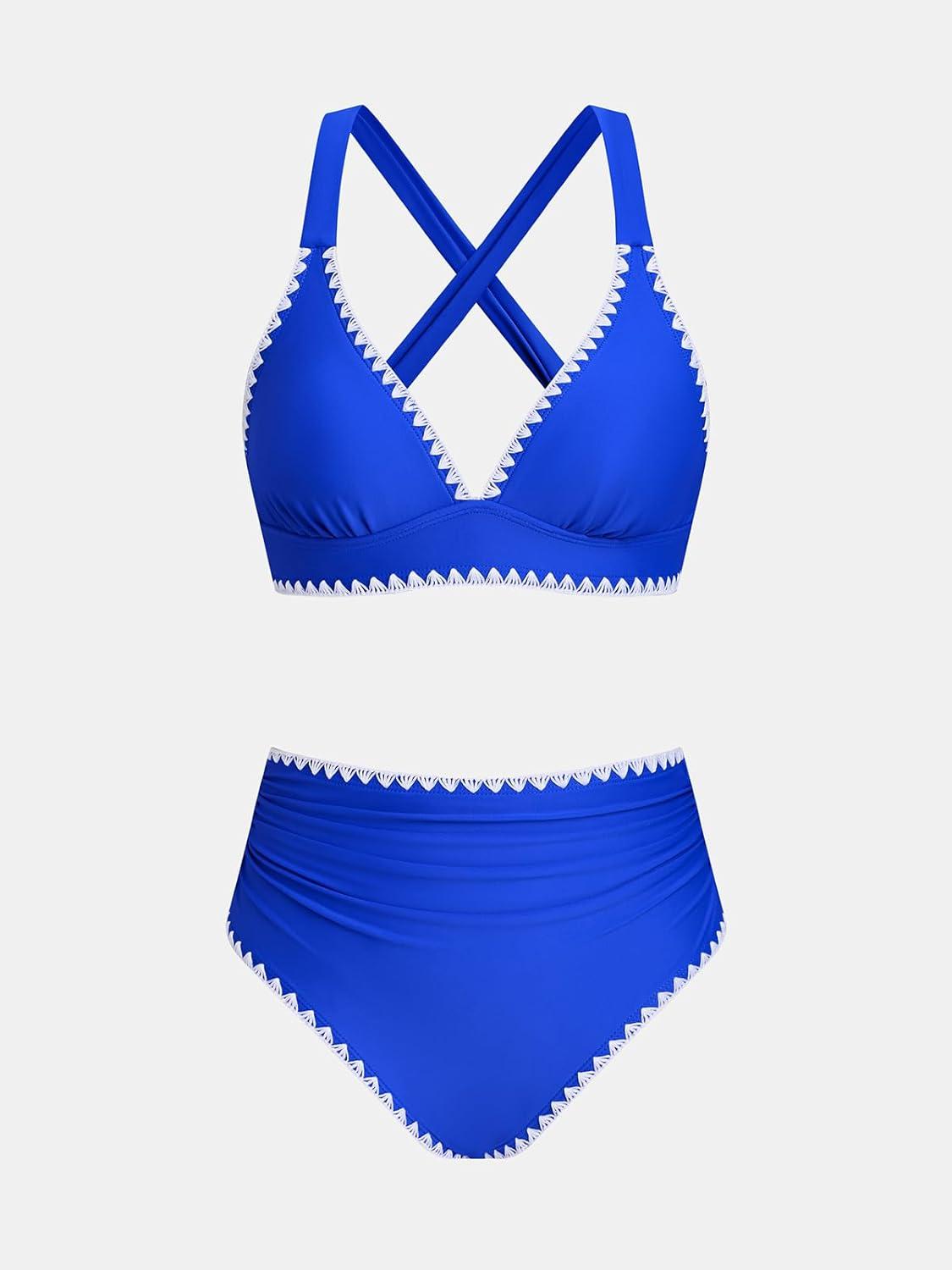imageCUPSHE Womens Bikini Sets High Waisted Swimsuit Deep V Neck Crisscross Back Tie Stitching Ruched Full CoverageRoyal Blue