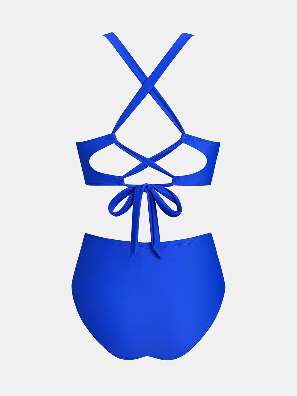 imageCUPSHE Womens Bikini Sets High Waisted Swimsuit Deep V Neck Crisscross Back Tie Stitching Ruched Full CoverageRoyal Blue