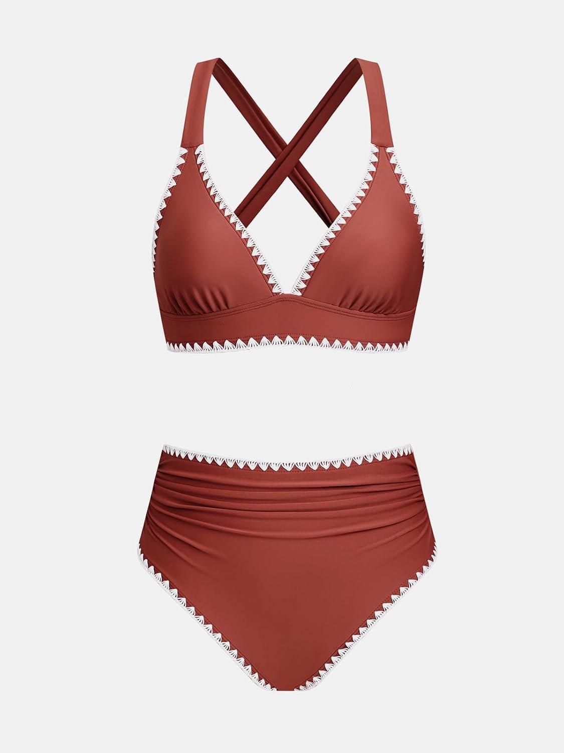 imageCUPSHE Womens Bikini Sets High Waisted Swimsuit Deep V Neck Crisscross Back Tie Stitching Ruched Full CoverageRust Red