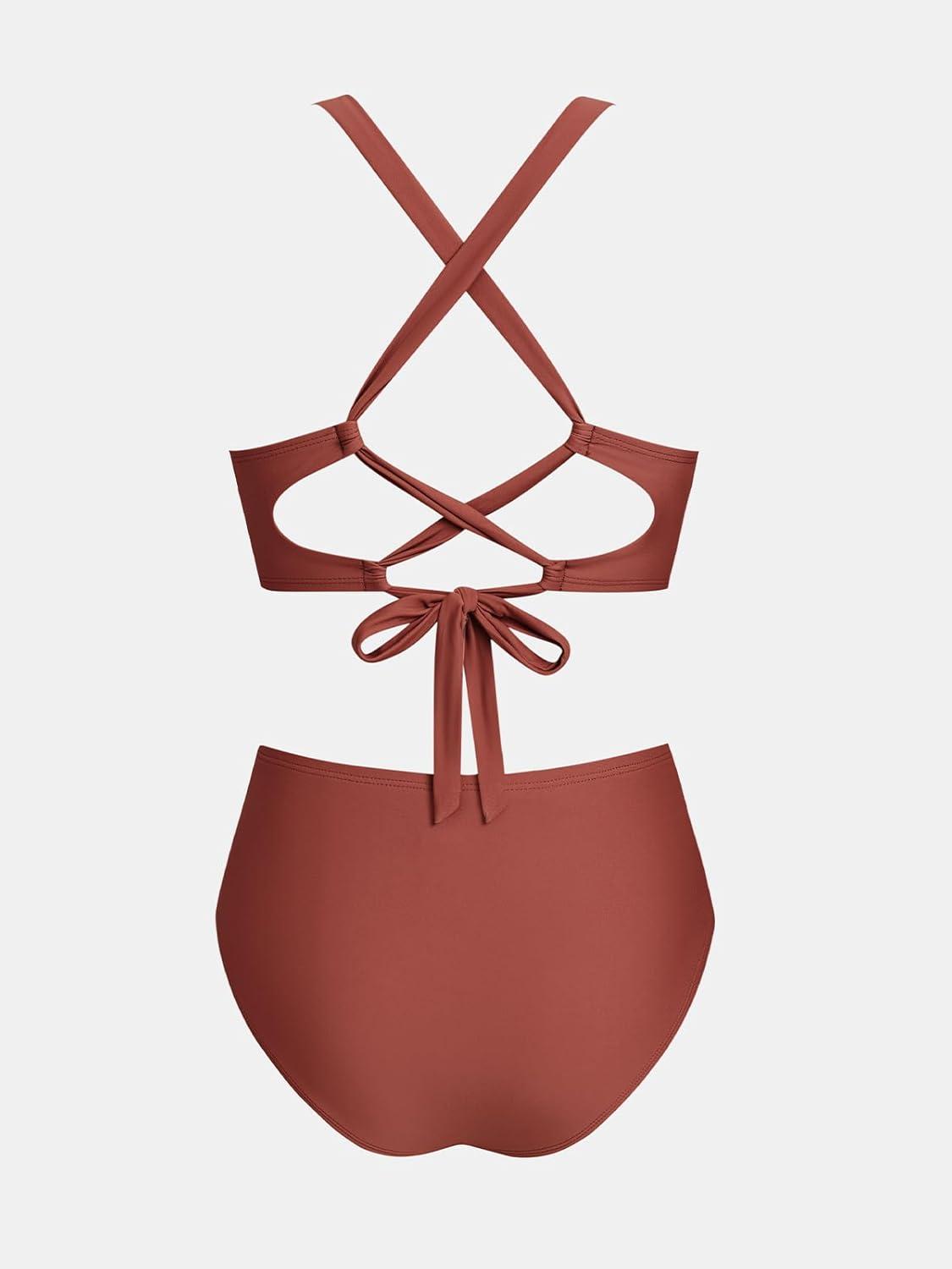 imageCUPSHE Womens Bikini Sets High Waisted Swimsuit Deep V Neck Crisscross Back Tie Stitching Ruched Full CoverageRust Red