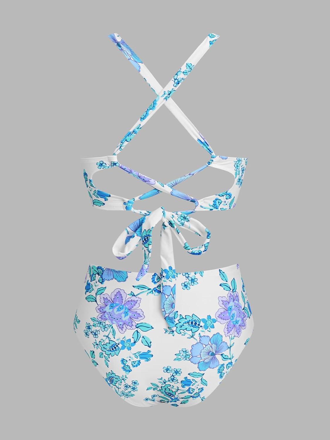 imageCUPSHE Womens Bikini Sets High Waisted Swimsuit Deep V Neck Crisscross Back Tie Stitching Ruched Full CoverageWhiteLight Blue